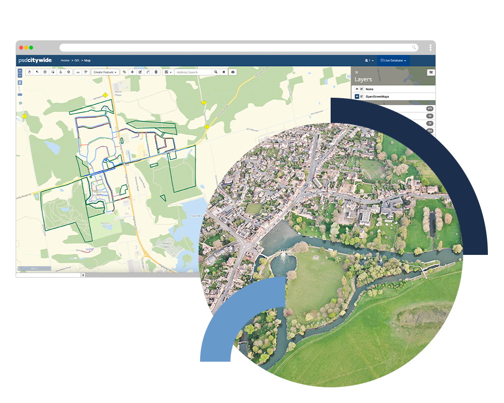 Screenshot of Citywide GIS software composed beside image of aerial view of small town surrounded by green space.