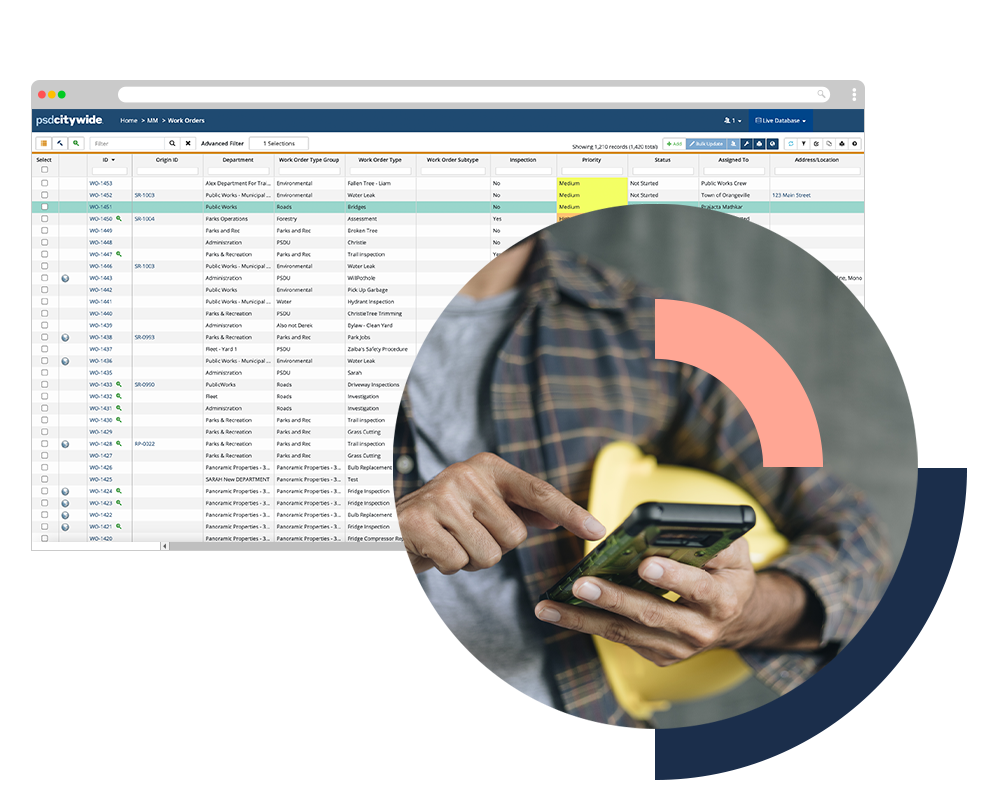 Screenshot of Citywide Maintenance software composed beside image of a maintenance worker's hands using mobile phone.