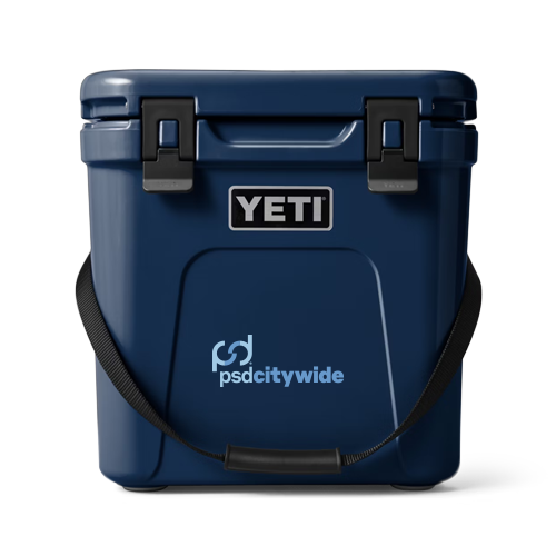 Navy blue YETI cooler with PSD Citywide logo decal.