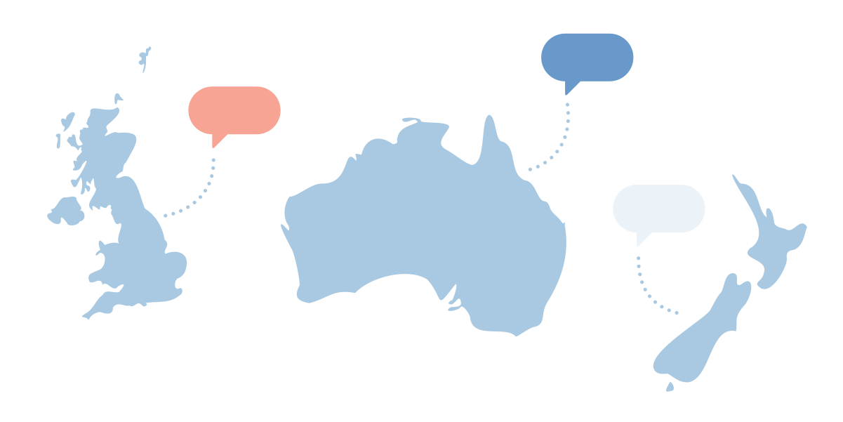 Illustrated map of Australia, New Zealand, and United Kingdom.