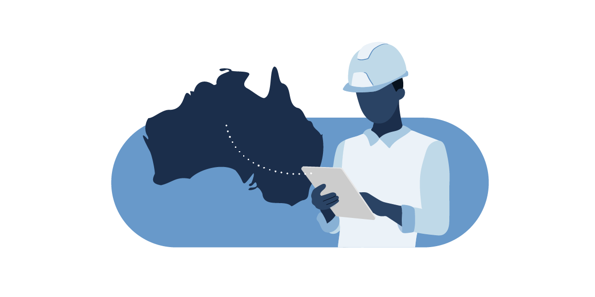 Illustration of public works employee using a tablet in front of the continent of Australia.