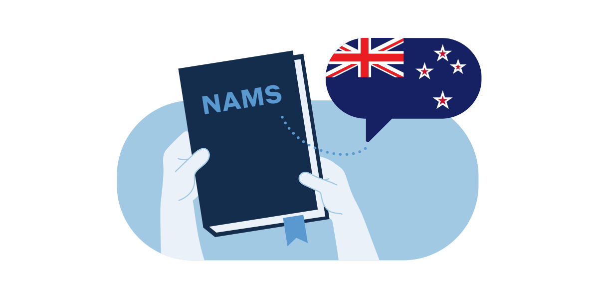 Illustration of hands holding a NAMS guidebook and New Zealand flag.