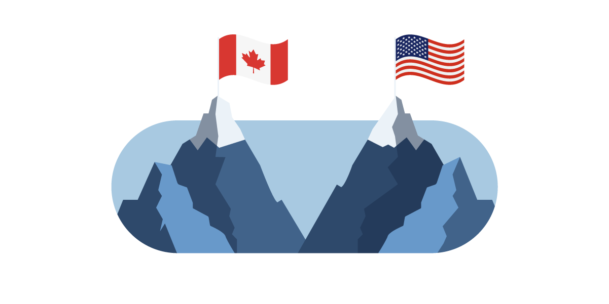 Illustration of two mountain tops with a Canadian and United States flags on each peak.