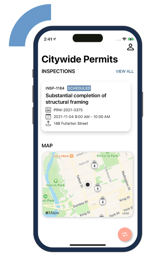 Mobile phone showing Citywide Permits App screen.